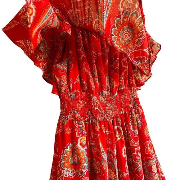 Red Paisley Floral Print Off-Shoulder Boho Chic Bohemian Tiered Maxi Dress Sz 6 - Picture 2 of 16